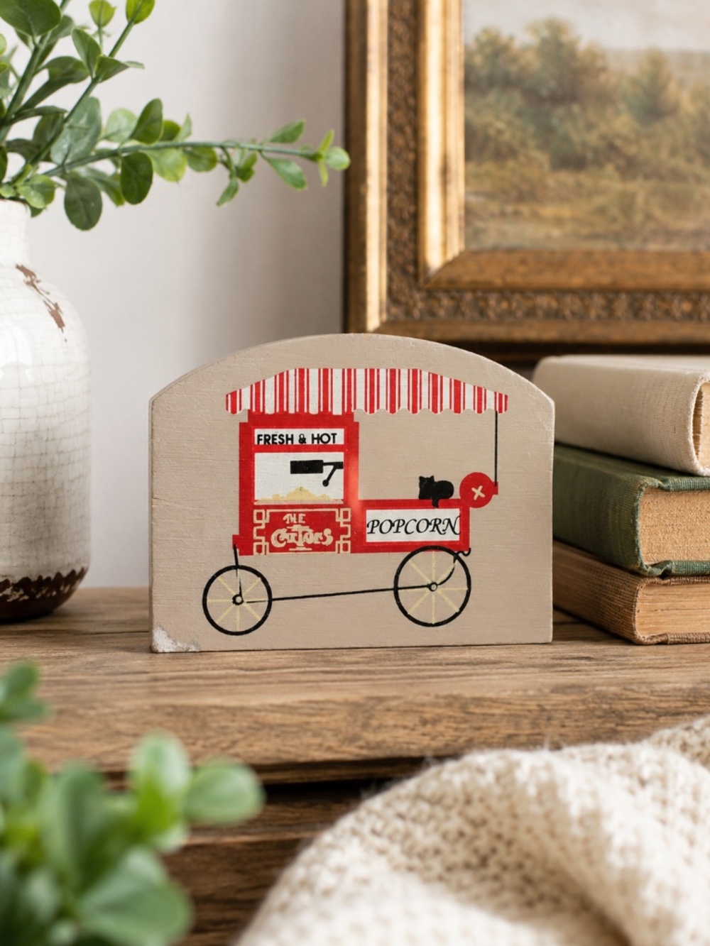 Vintage Cat’s Meow Popcorn Cart Wooden Collectible Fresh & Hot